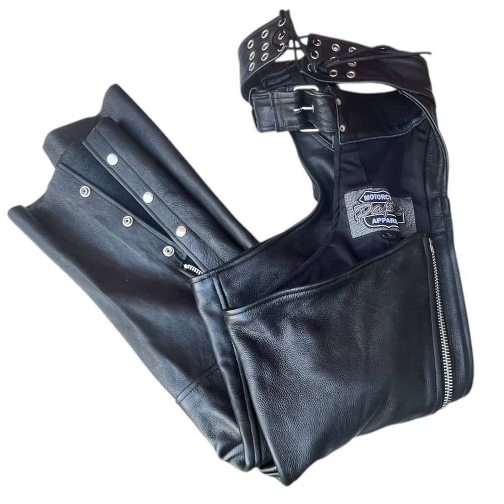 Papa’s Motorcycle Leather Chaps - Black - Size 3 (Large) Heavy Duty Biker Gear